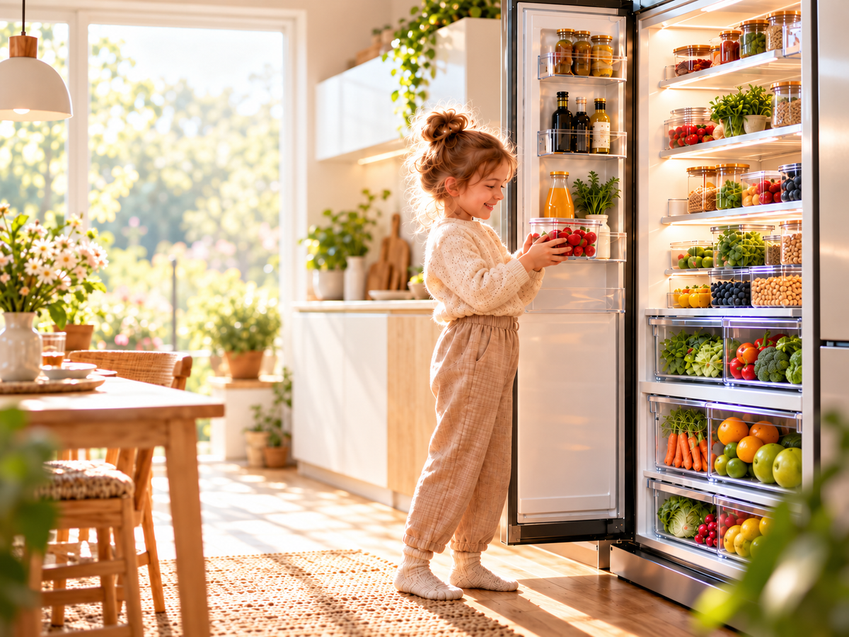 Girl beside an organized refrigerator with clear fridge storage containers